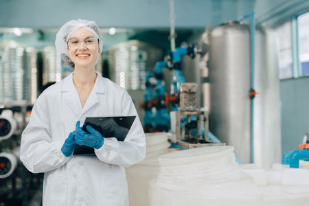 portrait happy women staff worker in drinking water plant work control water quality purification test process.の写真素材