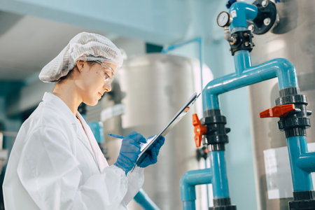 Drinking water factory purification process. Hygiene factory worker female monitor checking valve and water pipe production flow control.の写真素材