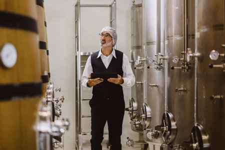 Winemaker professional working in modern large winery factory liquor alcohol drinks industry quality control and fermentation monitor vintage color toneの写真素材