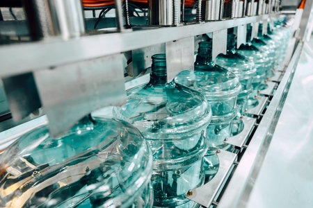 Plastic PET drinking water gallon bottle clean in conveyor production line in drink water plant factory.の写真素材