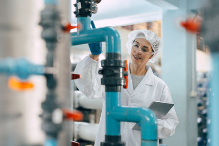 Drinking water factory purification process. Hygiene factory worker female monitor checking valve and water pipe production flow control.の写真素材