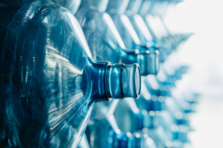 Water gallon pile stock. Plastic PET drinking bottle in drink water plant factory store in clean hygiene storage warehouse.の写真素材