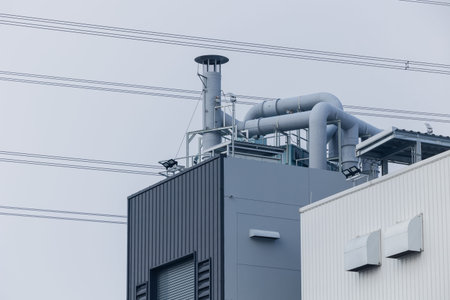 Air ventilate pipe on building roof top modern metro urban iconic cityscape scene.