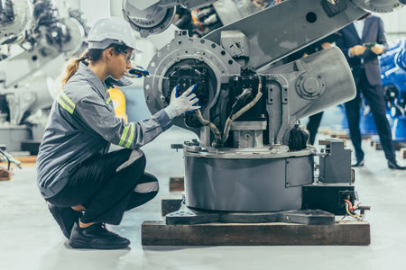 Engineer robotic mechanic women technician working in advance robotic industry plant work assembly robot arm repair fix maintenance or service large machine by hand skillの写真素材