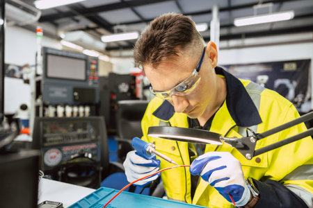 Electrician technician caucasian male using hot soldering iron to electrical bond electricity wire...