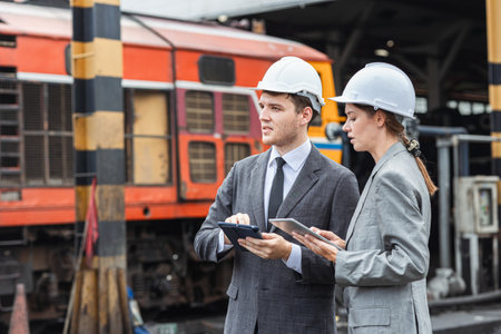 business man and woman standing together talking in heavy industry locomotive shop building site.の写真素材