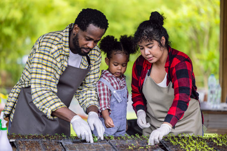 African black child play plant little tree gardening in agriculture farm with family. Children dad mom love nature oganic farming.の写真素材