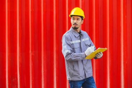 Japanese male smart worker working in container port cargo. Japan shipping logistics industry customs staff.の写真素材