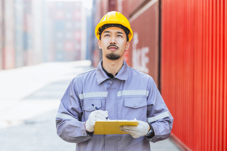 Japanese male smart worker working in container port cargo. Japan shipping logistics industry...