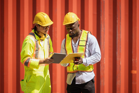 diversity model staff workers in port container yard logistics cargo shipping import export management industry teamwork.の写真素材