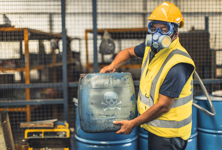 Toxic chemical gas leak safety team working cleaning in danger factory workshop environment contamination safety and protectionの写真素材