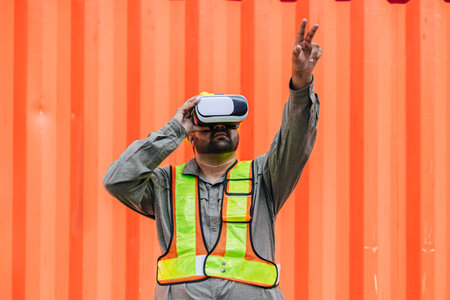 Worker Using VR Vision Pro Technology Equipment Headset Device Work at Container Yard Construction...