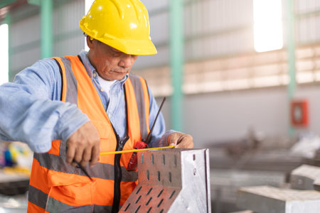 Construction engineer builder install perforated tray metal wireway cable duct rail in large...
