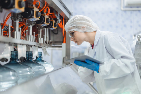 Women worker work in drink water factory inspect check quality drinking water filling machine...