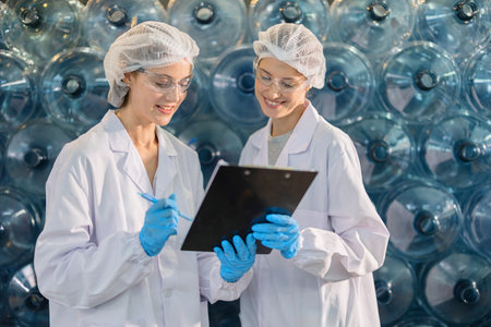 Product quality control team officer working together in drinking water factory to checking cleanliness products standard teamworkの写真素材