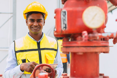 portrait happy indian engineer safety staff worker work control operate valve gas pipe oil industryの写真素材