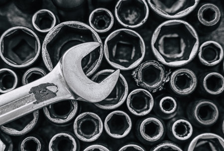 Wrench block mechanic tools service equipments socket black and white art photography for garage decorationの写真素材