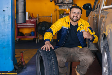 Portrait Indian man worker in garage auto mechanic happy work car service replace tyre vehicle maintenanceの写真素材