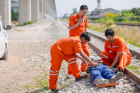 paramedic medical emergency doctor team working in action help first aid save people life at accident site outdoorsの写真素材