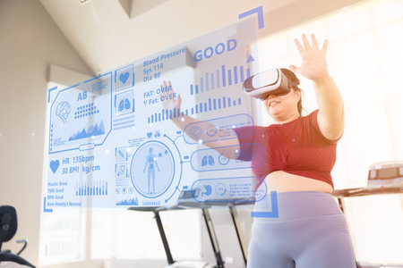 fat women using smart health information VR headset showing overlay body info data fitness statistic...
