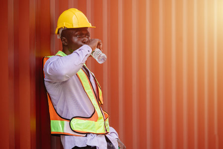 African black worker male brake relax drinking water for refreshing from hard working in hot day...