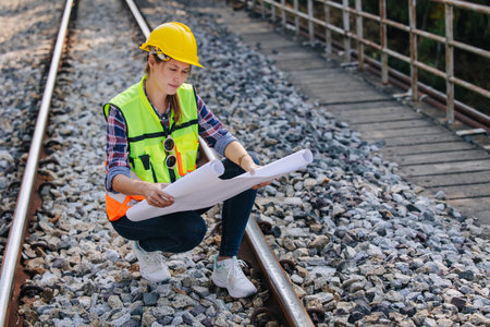 Engineer railway tracks construction service team working on site survey checking and maintenance inspection train track for safetyの写真素材