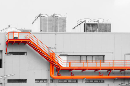 exterior industry building maintenance service walking space stair way for service or emergency exit with cooling tower at roof topの写真素材