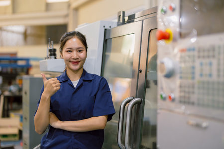 Portrait asian woman worker working in heavy industry machine. Young engineer female happy thumbs...
