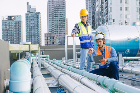 engineer teamwork technician workers service hotel boiler tank hot water supply pipe system. team...
