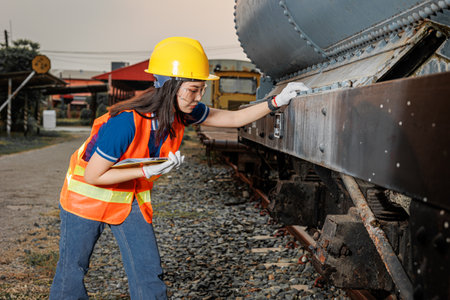 engineer women worker servicing check train. young teen maintenance locomotive rail transport vehicle.の写真素材