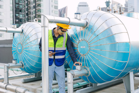 engineer male technician worker working service hotel boiler tank hot water supply pipe system. man...