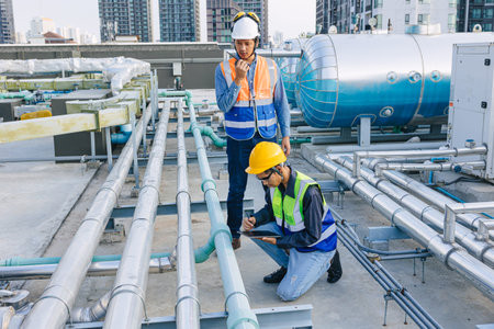 engineer teamwork technician workers service hotel boiler tank hot water supply pipe system. team...