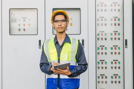 Asian male electrician engineer works standing at main circuit cabinet switchboard control water...