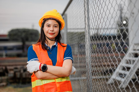 portrait train locomotive engineer women worker. Happy Asian young teen smiling work at train station train track locomotive service maintenance.の写真素材