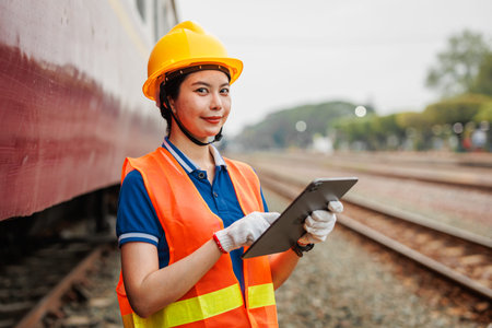 Train locomotive engineer women worker. Young teen Asian working check service maintenance train...