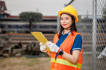 portrait Asian young teen engineer worker standing happy smile outdoor waring safety reflective with hardhat.の写真素材