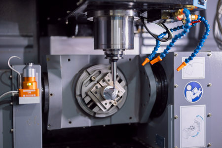 Modern 5 Axis CNC advance metal Milling Machine working in heavy industry factory. Drilling machine...