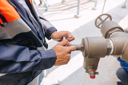 engineer man wearing a safety vest is working on a pipe valve to turn on off water pipe