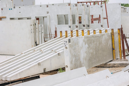 Precast concrete casting manufacturing plant, Cement products large construction site yard business industry.の写真素材