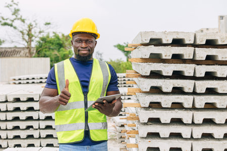 Engineer worker standing Thumbs up with precast concrete casting finished production for confirm...