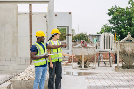 Engineer smart women working contact with African black worker in Precast concrete casting manufacturing company site inspectorの写真素材