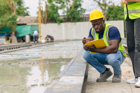 Engineer quality control in Precast concrete casting manufacturing checking products quality standard outdoor construction site, African black workerの写真素材