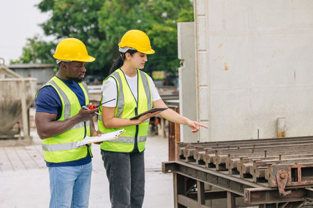Engineer smart women working contact with African black worker in Precast concrete casting...