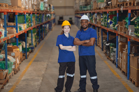Worker in cargo warehouse teamwork support trainee young women with African foreman help togetherの写真素材