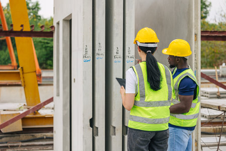 Engineer smart women working contact with African black worker in Precast concrete casting...