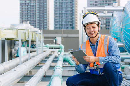portrait gas pipe engineer worker on site service working maintenance hot water tank at roof top...