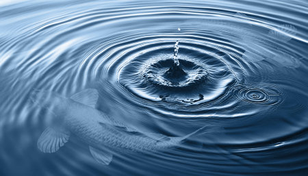 Koi fish, a symbol of good fortune, couple loop swim in the blue water and droplets fall down beautiful aquatic animal.の写真素材