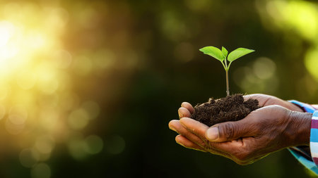 Small plant seeding growing in African black hand, Saving protect forest tree nature environment for...