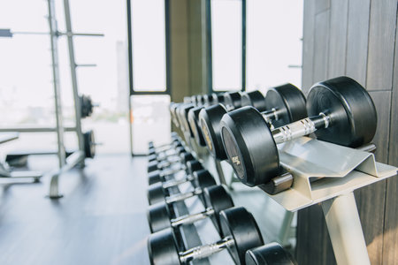 Dumbbell row in gym rack stand, Sport Equipment Concept, Preparing For Bodybuilding Workout fitness advertising products.の写真素材