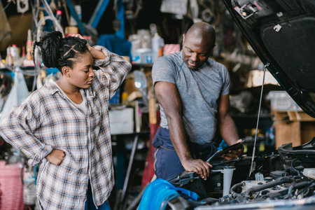 Mechanic man talking with stress worry customer inform explain car problem, service detail hard decision in garage.の写真素材